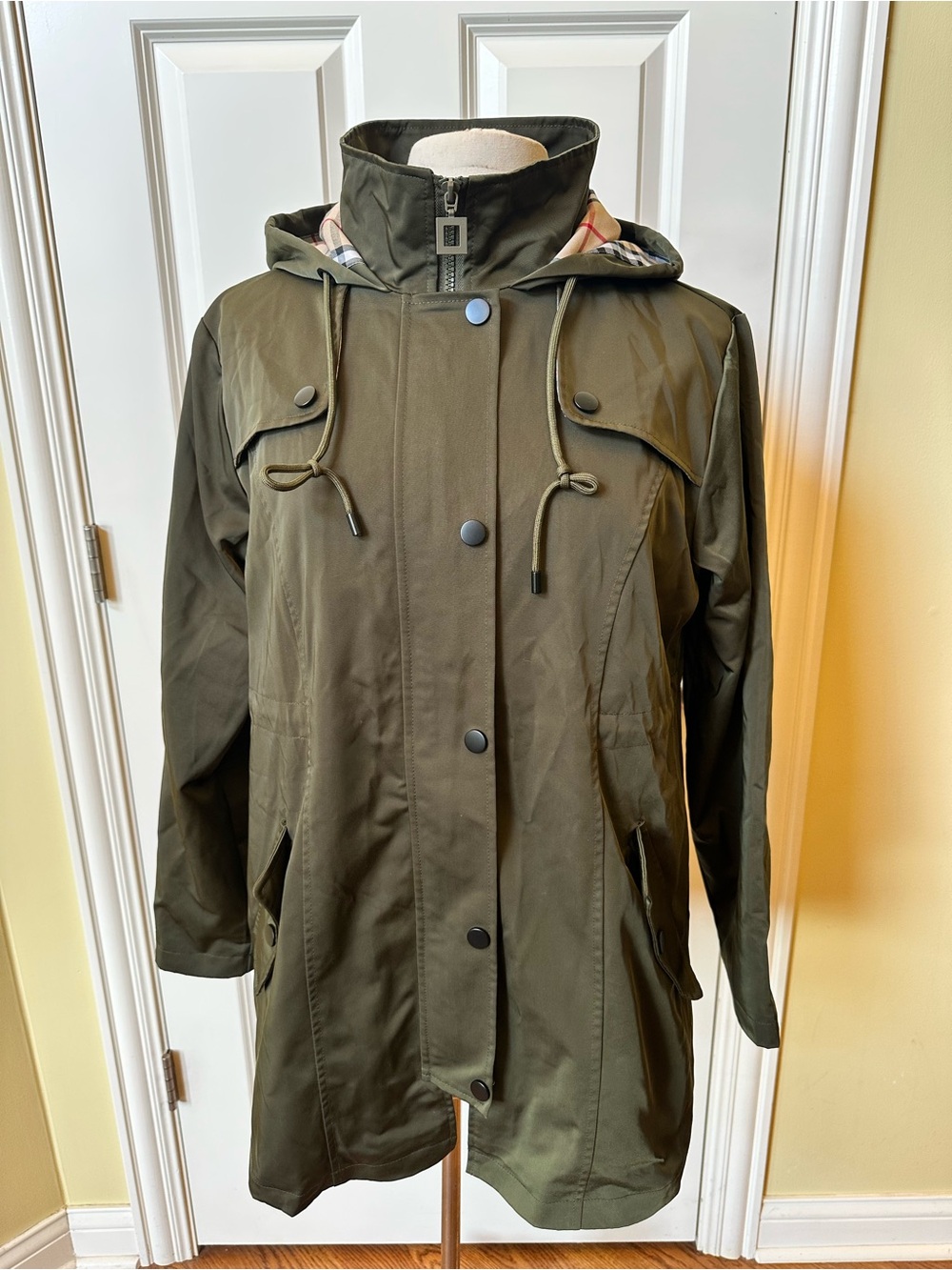 Olive Hooded Trench Coat with Snap Front